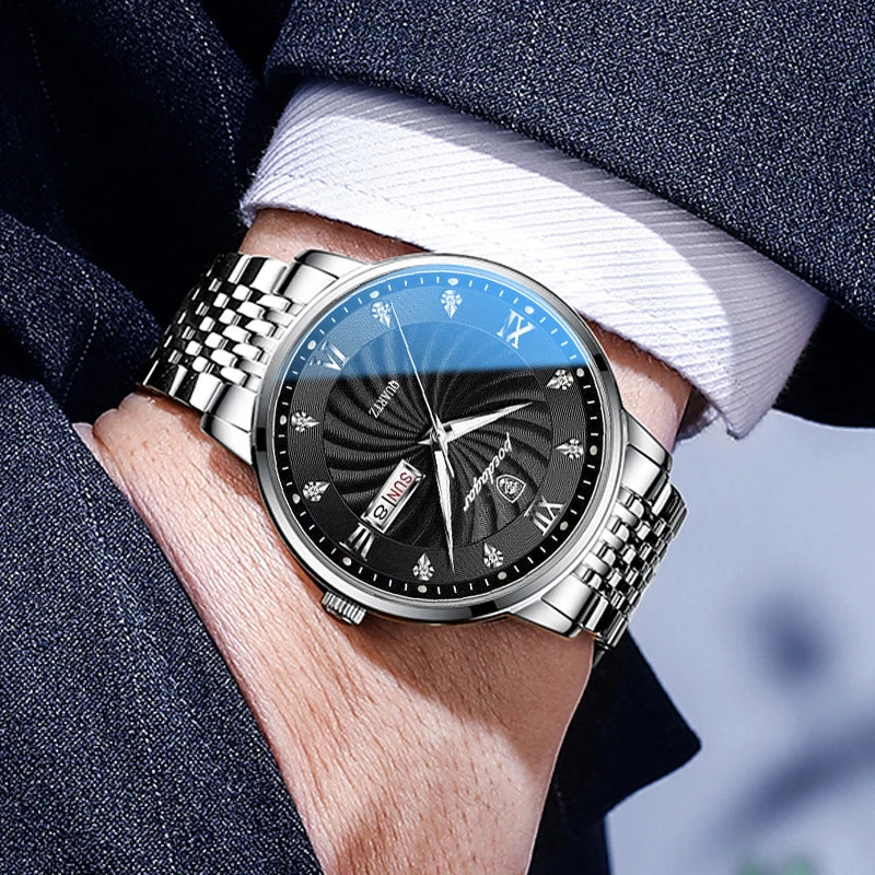 POEDAGAR Luxury Men's Watch — Waterproof Luminous Quartz Wristwatch with Date & Week, Stainless Steel Sports Fashion