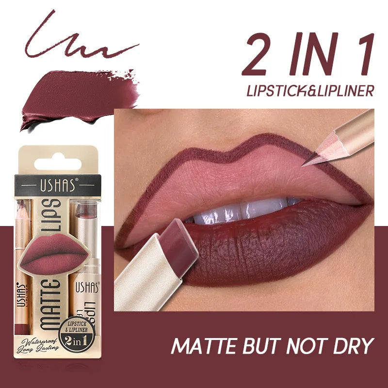 USHAS 12-Color Matte Lipstick & Lip Liner Set – Long-Lasting, Waterproof, Non-Stick Easy Coloring Lip Makeup Kit