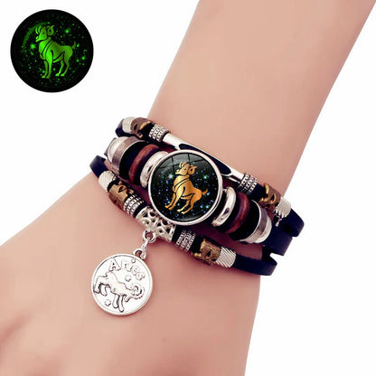 Luminous 12 Constellation Vintage Bracelet - Braided Punk Leather Glow-in-the-Dark for Men & Women, Birthday Gift
