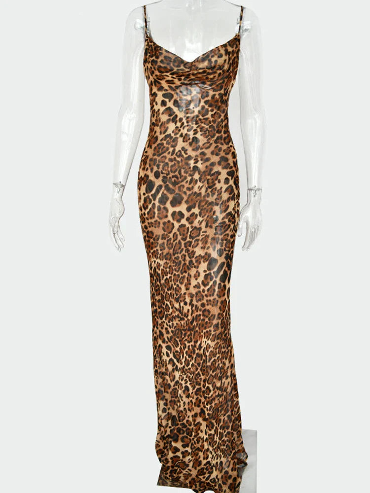 Julissa Mo Leopard Print V-Neck Bodycon Long Dress - Lace Up Backless Summer Dresses for Women, Straps Party Beach Vestidos