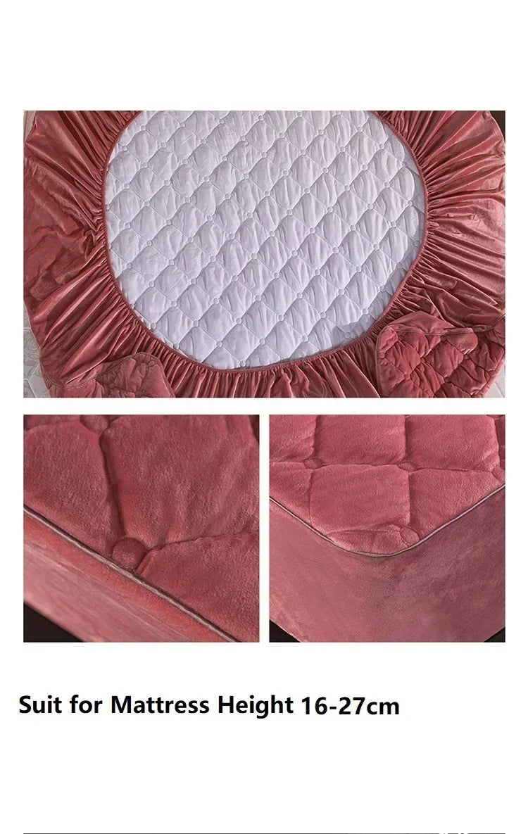 Plush Quilted Mattress Cover - Thick Warm Crystal Velvet Fitted Bed Sheet for Queen & King Beds, Pillowcase Not Included