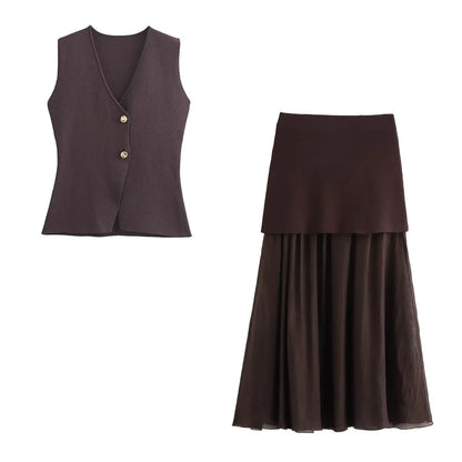 TRAFZA 2025 Women’s Wine Red Skirt Set – Knitted V-Neck Vest with High Waist Zipper Patchwork Long Skirt