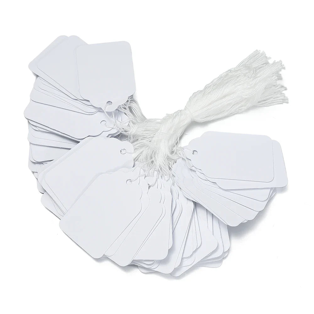100PCS Price Label Tags — Rectangular Blank Paper Cards with String Tie for Watch & Jewelry Display Merchandise