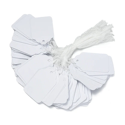 100PCS Price Label Tags — Rectangular Blank Paper Cards with String Tie for Watch & Jewelry Display Merchandise
