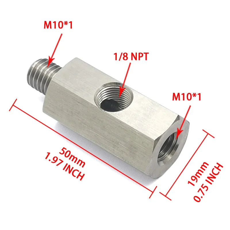 Stainless Steel Oil Pressure Sensor Connector — Side Hole Tee Adapter for 1/8"NPT, 1/4"NPT, M10, M12, M14 Feed Line Gauge