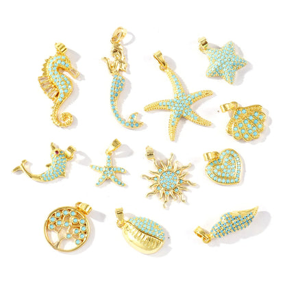 Blue Cubic Zirconia Ocean Charm Pendant Set – 18K Gold Plated Starfish, Mermaid & Conch DIY Necklace Jewelry