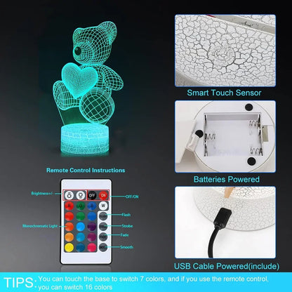 16-Color 3D Teddy Bear Night Light – LED Color-Changing Lamp for Kids & Gifts
