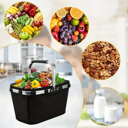 Insulated Picnic & Shopping Basket — Waterproof Foldable Cooler with Locking Lid for Outdoor Food Storage