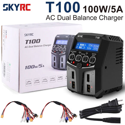 SKYRC T100 AC Dual 5A Lipo Battery Charger — 2x50W Balance Charger for 2-4S NiMH, NiCd, LiPo, LiFe, LiIon, LiHV RC Cars
