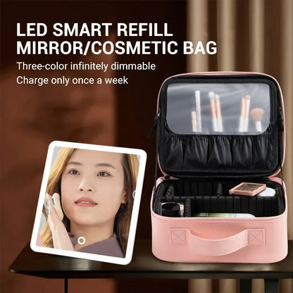 LED Lighted Cosmetic Case with Mirror - PU Leather Portable Travel Makeup Bag - Waterproof Makeup Storage