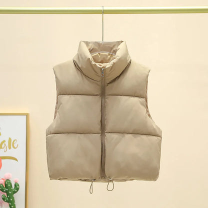 Winter Sleeveless Down Vest for Women – Warm Stand Collar, Zipper Jacket, Quilted Cropped Casual Street Outerwear
