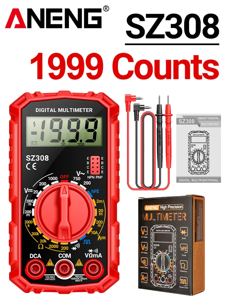 ANENG SZ308 1999-Count Multimeter — HFE Triode Tester, Square Wave Voltmeter & 10A Current Meter