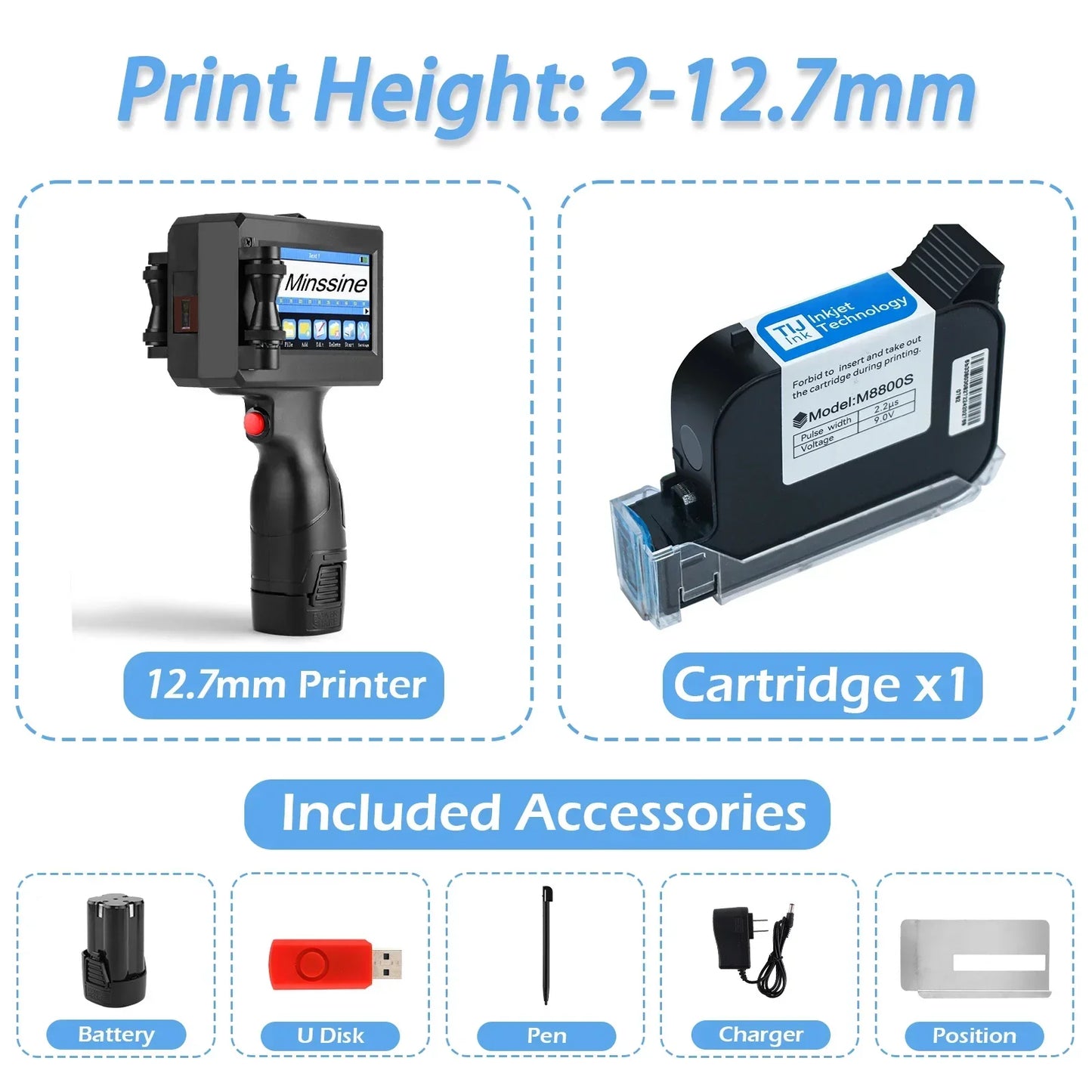 12.7/25.4mm Handheld Inkjet Printer – QR Code, Barcode, Batch, Date, Logo & Expiry Date Coding Machine with 25 Language Support, Portable Marking Tool