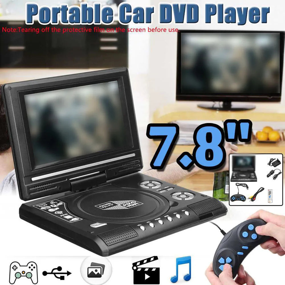 7.8" Portable TV DVD Player – 16:9 Widescreen, 270° Swivel LCD, VCD/CD/MP3, Game Function for Car & Home