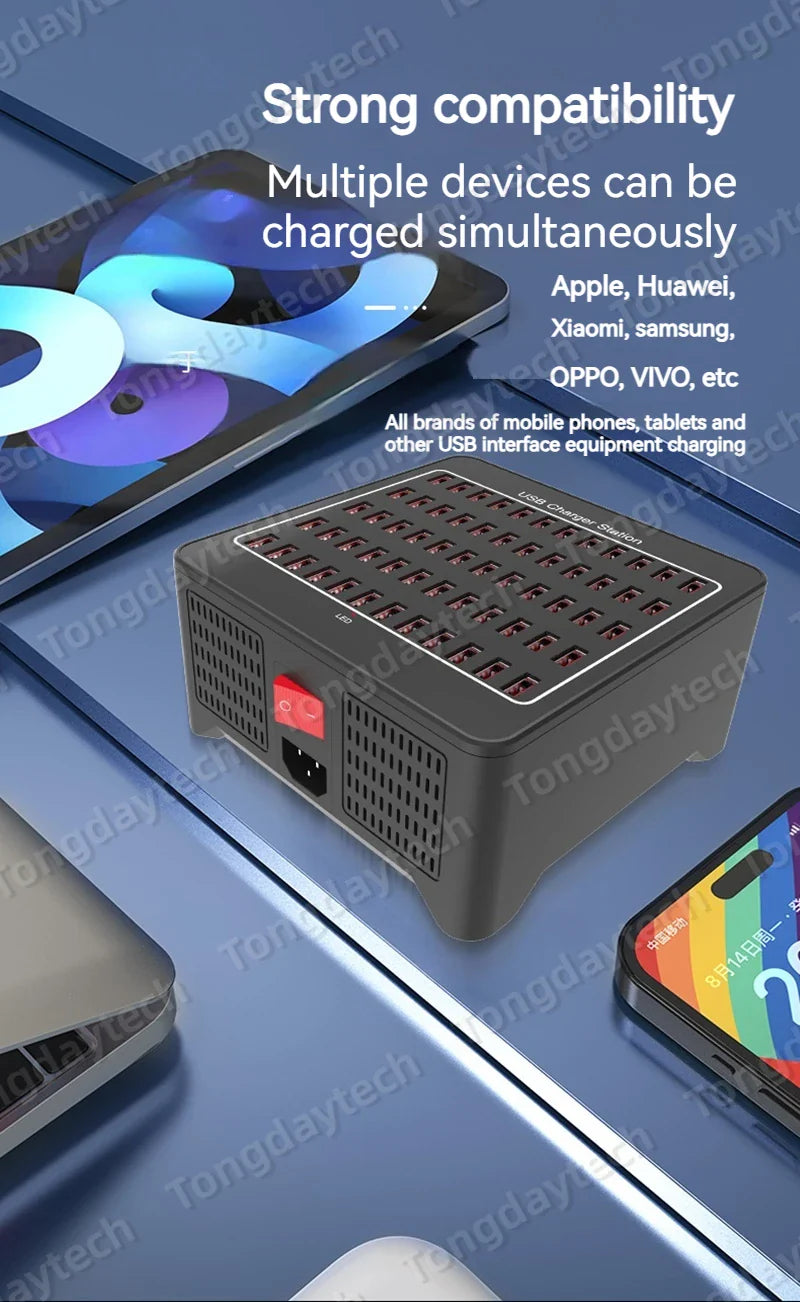 300W Universal Multi USB Charger Station – 60-Port Fast Charging for iPad, iPhone 11/12/13 Pro Max, Samsung Tablet