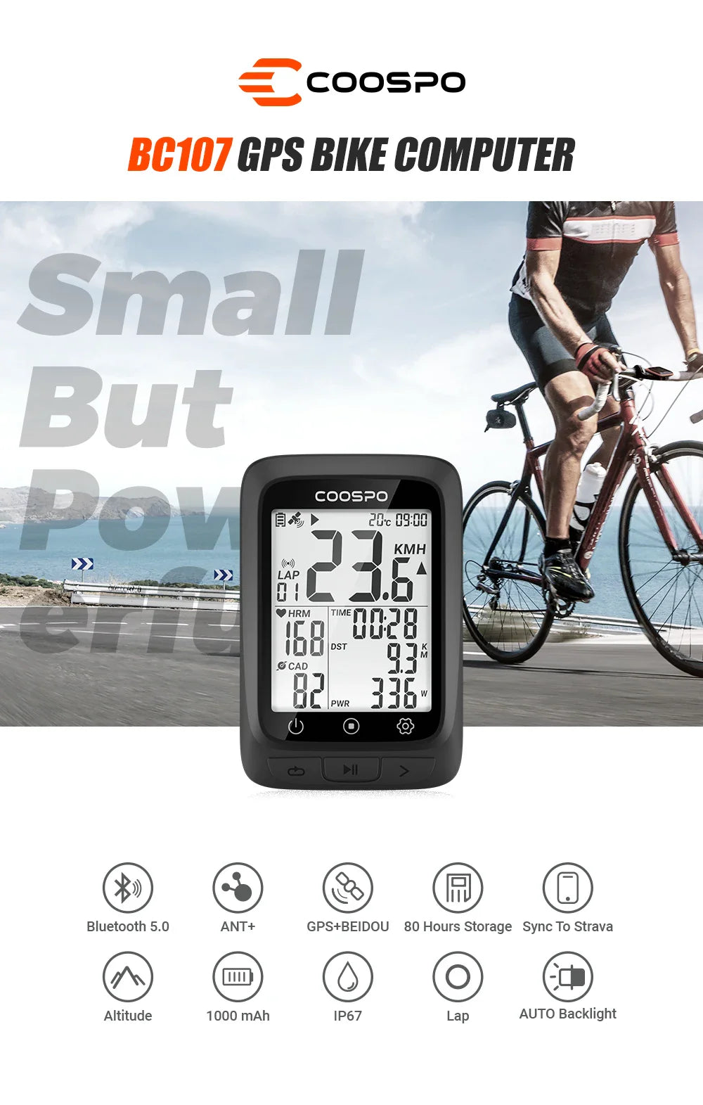 Coospo BC107 GPS Bike Computer — 2.4" Wireless Odometer & Speedometer, Bluetooth 5.0, ANT+, Waterproof