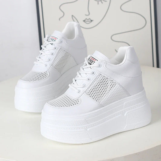 Women’s Genuine Leather Platform Sneakers – 12CM Wedge Casual Breathable Hidden Heel Zapatillas Mujer