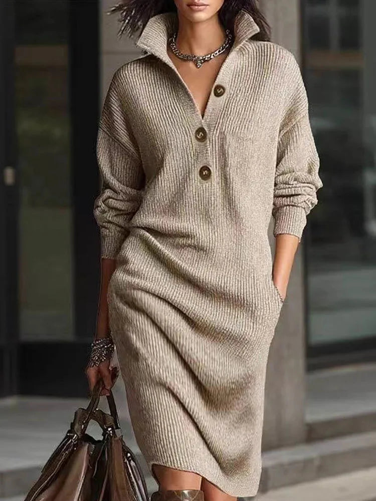 Elegant Ribbed Knit Midi Dress – Lapel Collar Button Front Long Sleeve Fall Winter Sweater Dress