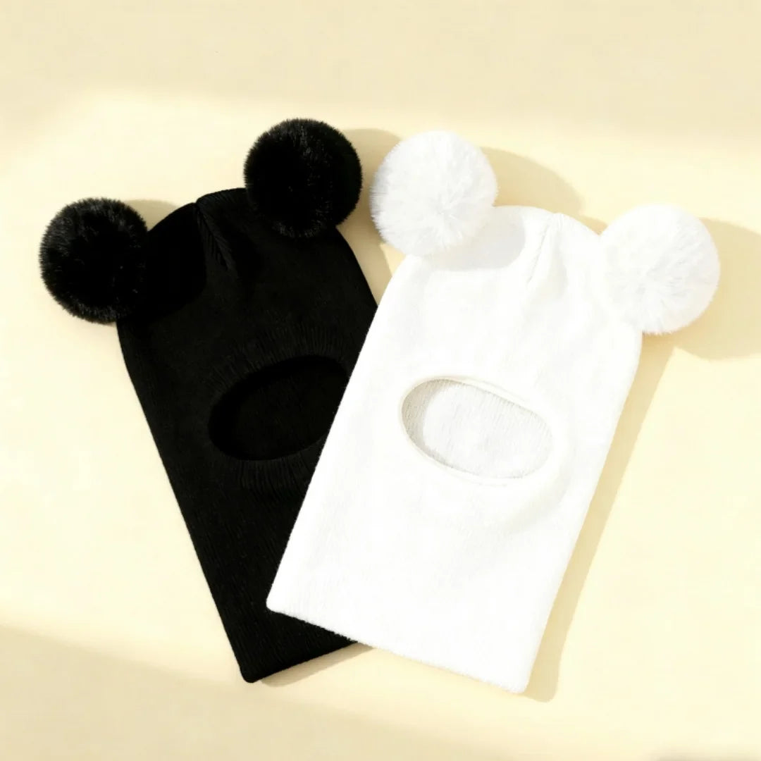 Kids Winter Hooded Knitted Hat - Warm Double-Ball Cap with Ear & Neck Protection
