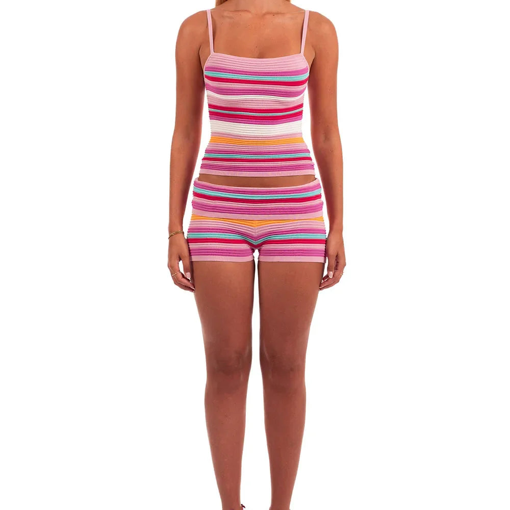 Women’s Y2K Vintage Striped 2-Piece Set – Sleeveless Cami Tank Top & Fold Over Shorts Summer Loungewear Vacation Outfit