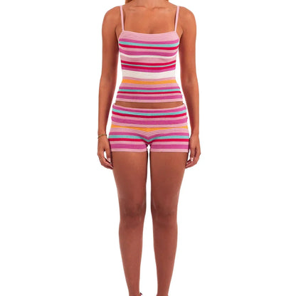 Women’s Y2K Vintage Striped 2-Piece Set – Sleeveless Cami Tank Top & Fold Over Shorts Summer Loungewear Vacation Outfit