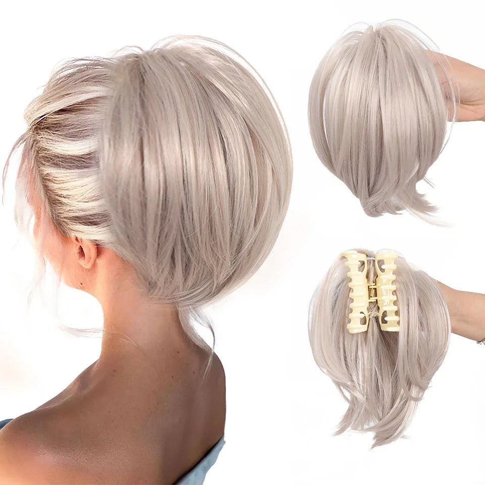 Messy Bun Hair Piece – Claw Clip-in Short Straight Ponytail Extension, Tousled Updo Bun for Women & Girls