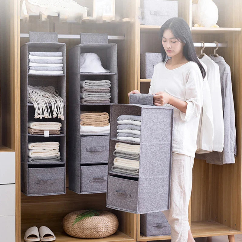 Cotton Linen Hanging Storage Bag with Drawers — Collapsible Wardrobe Organizer Box and Clothes Holder Shelves