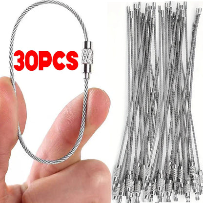 Metal Keychain Tag with Stainless Steel Wire Cable - Screw Lock Gadget Ring for Camping & Hardware