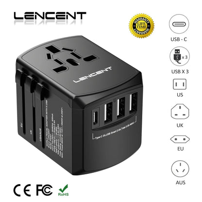LENCENT International Travel Adapter - All-in-One Wall Charger with 3 USB Ports and 1 Type-C, for US, EU, UK, AUS Travel