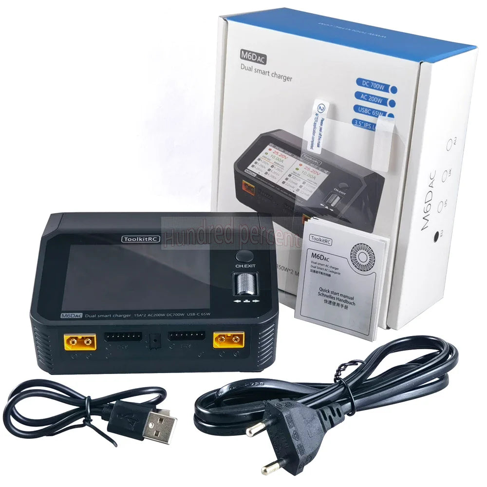 NEW ToolkitRC M6DAC Dual Channel Smart LiPo Battery Charger – 200W AC, 350W DC, 15A for 1-6S LiHV with 65W PD