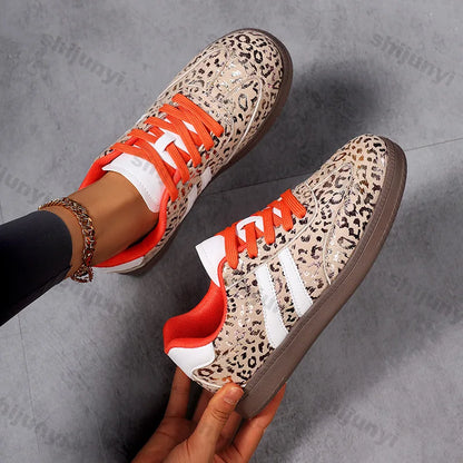 Women’s 2025 Leopard Print Sneakers – Fashionable Outdoor Lace-Up Casual Shoes, Lightweight Comfortable Non-Slip Flats