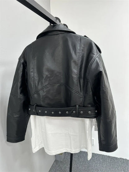 RARF 2024 Women's Washed Leather Jacket – Coal Gray Short Coat with Belt, Vintage Lapel & Zipper