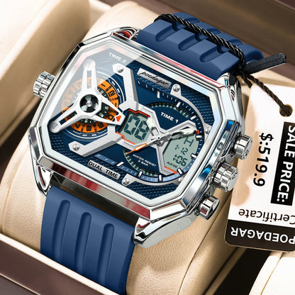 POEDAGAR Men's Luxury LED Wristwatch – Electronic Quartz Watch with Calendar, Week Display, Luminous Hands, and Silicone Strap