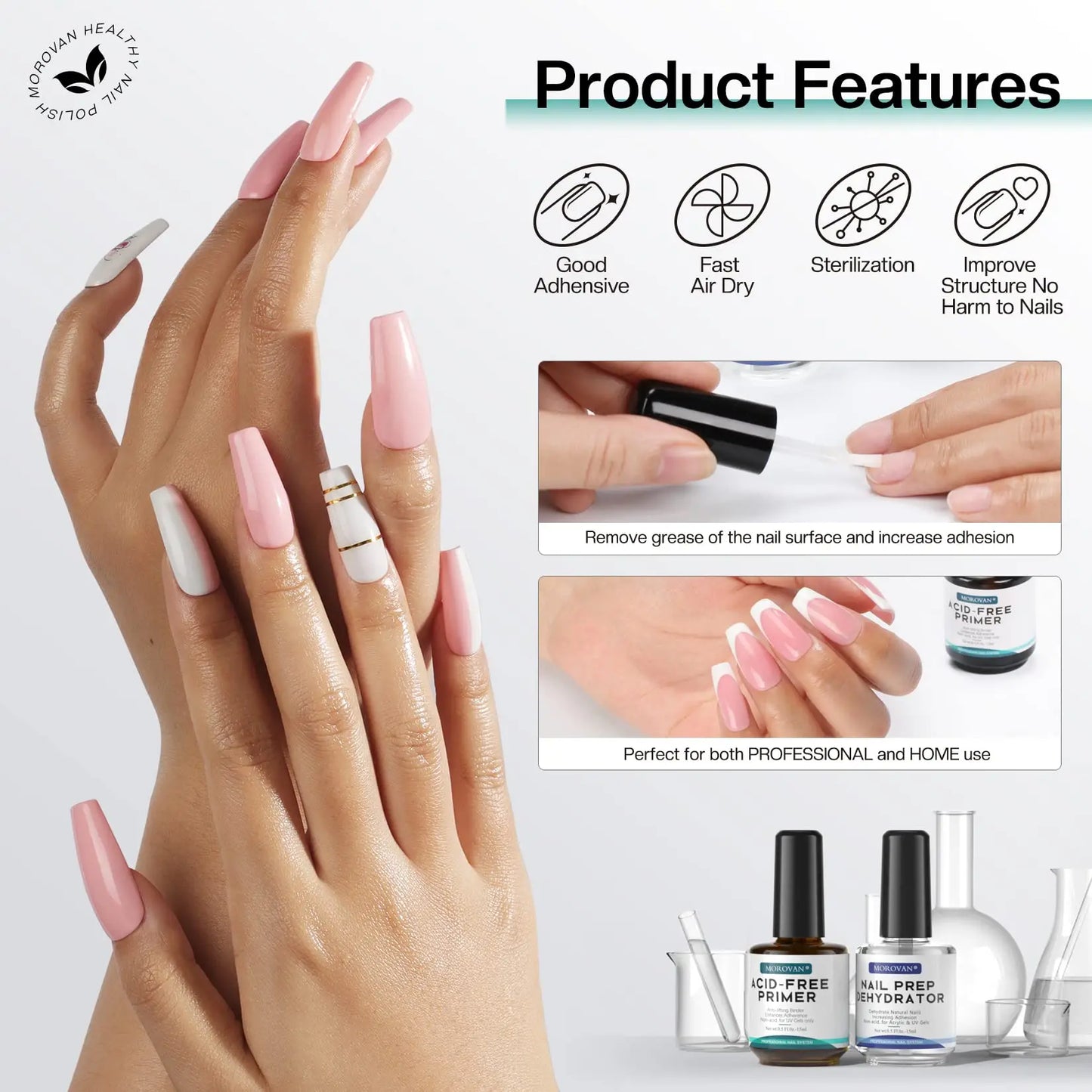 Morovan Natural Nail Dehydrator & Acid-Free Primer – For Acrylic & Gel Nails, UV Gel Nail Primer