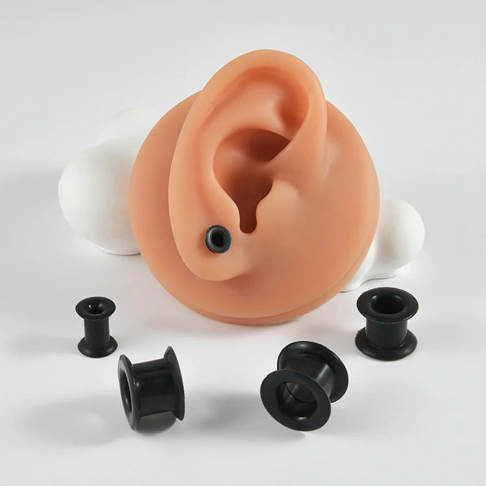 Pair of Supersize Black Silicone Double Flared Ear Tunnel Plugs — Flesh Gauge Expander Stretchers for Piercing