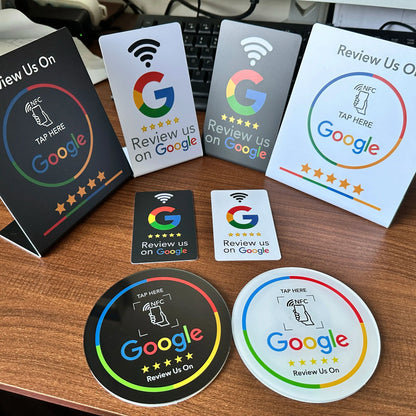 NFC215 Programmable Google Review Acrylic Stickers – 13.56MHz Waterproof NFC Station Table Stand Card