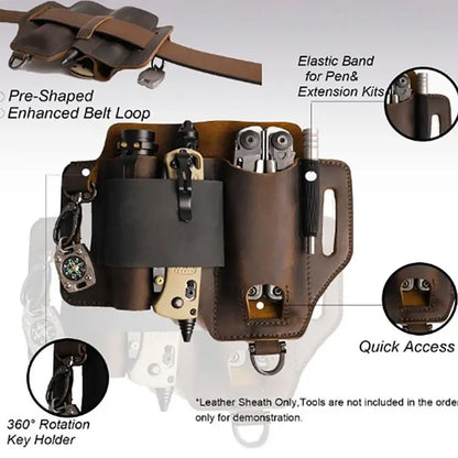 Men’s Leather EDC Belt Sheath Organizer – Pocket Multitool Pouch with Pen & Flashlight Holder