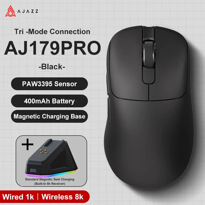 AJAZZ AJ179 PRO PAW3395 Gaming Mouse — Lightweight Wired & Wireless with Magnetic Charging Base, Ergonomic Macro Mouse for PC & Laptop