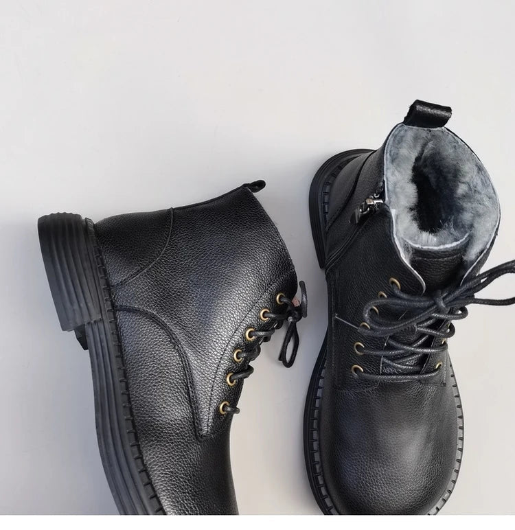 Careaymade 100% Genuine Leather Wide Casual Women’s Short Boots – Big Size, Handmade Men’s Wool Boots