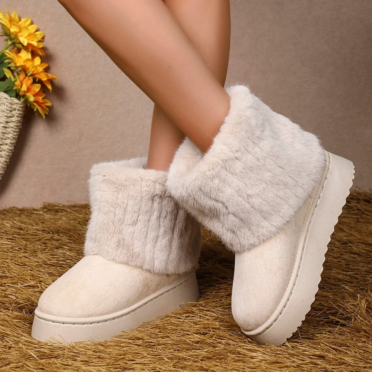 Women’s Winter Mid-Calf Boots – Round Toe Plush Lined, Thick Sole, Anti-Slip Casual Snow Boots in Beige