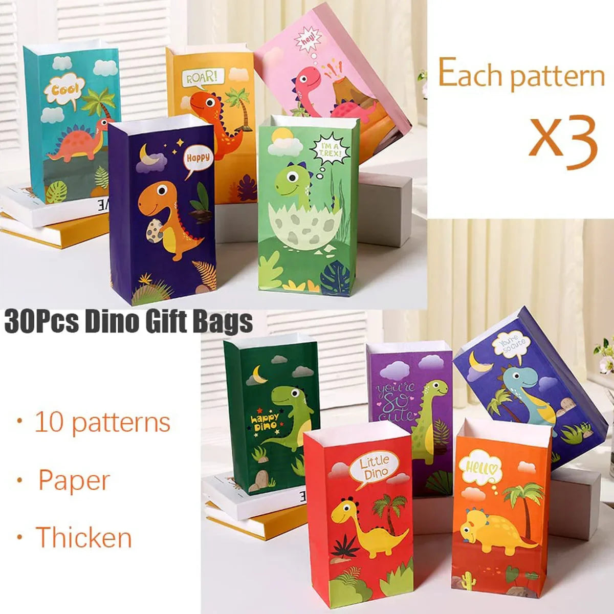 30Pcs Dinosaur Party Bags - Thicken Paper Dinosaur Gift Bags with 36 Stickers - Recyclable and Odorless Candy Bags for Dinosaur Party Gifts