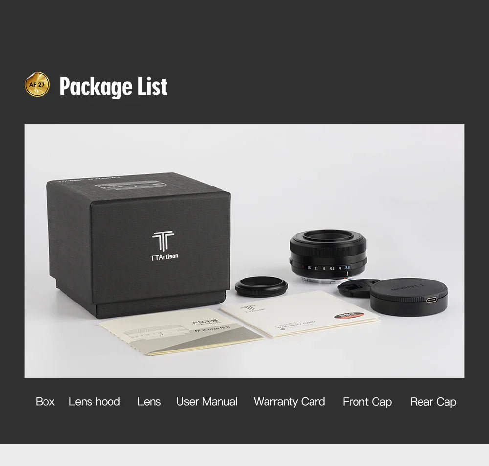 TTArtisan Auto Focus 27mm F2.8 Lens — APS-C STM for Fuji X, Fujifilm XF, Sony E, Nikon Z Mount (XA7, XT100)