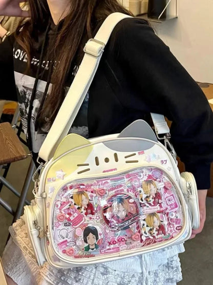Y2K Korean Kawaii Cat Ita Bag — Cute PU Transparent Shoulder & Crossbody Bag for Girls, Harajuku Style Backpack
