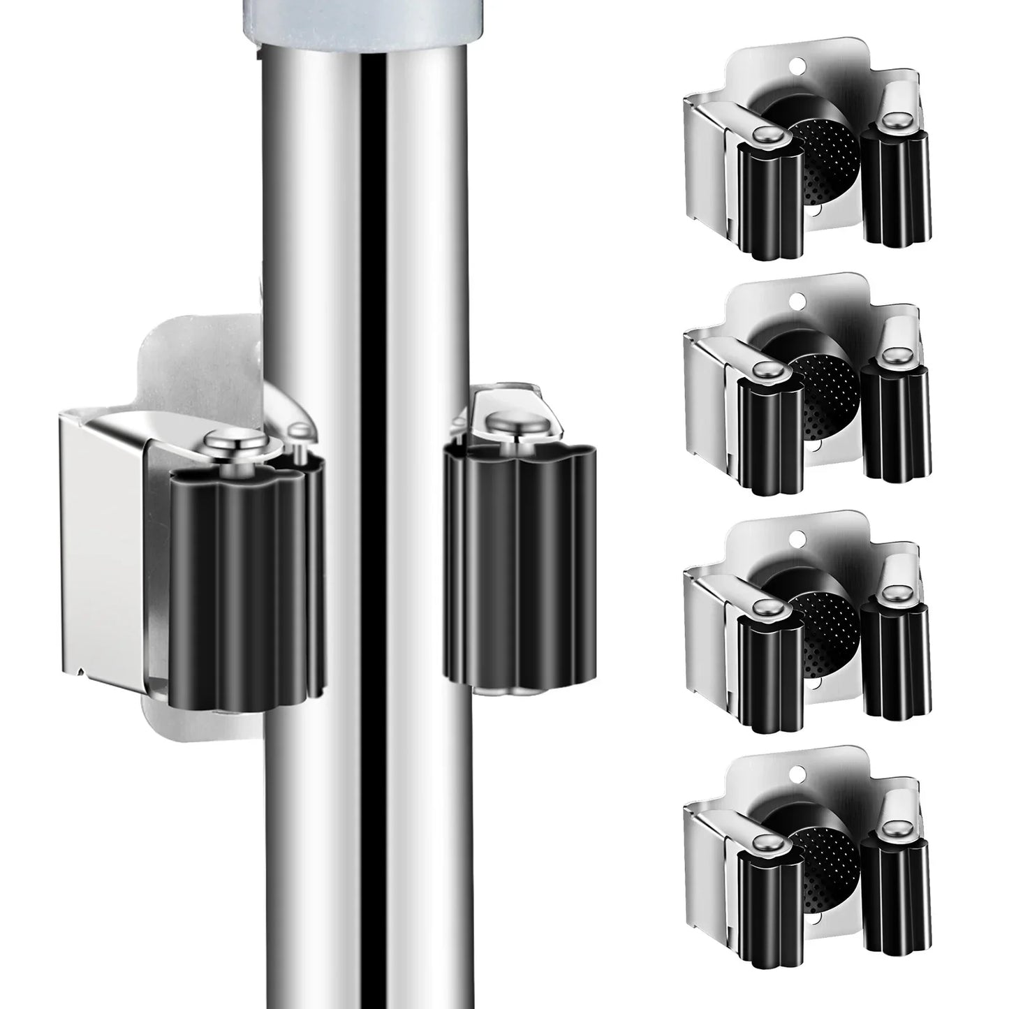 Stainless Steel Mop Clip Holder — Wall-Mounted Broom & Brush Hanger Rack for Kitchen & Bathroom Organization