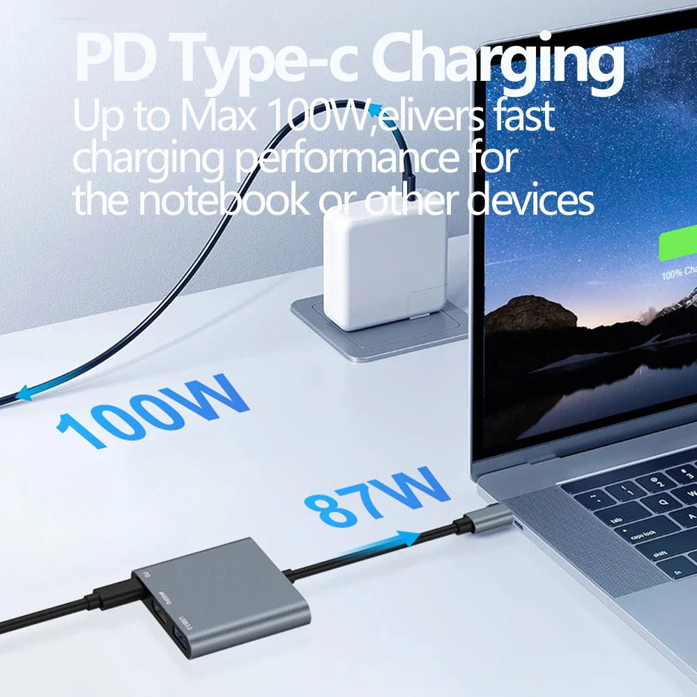 Tebe 3-in-1 USB-C Hub Adapter – 4K 60Hz HDMI, USB 3.0 & 100W PD Fast Charging for MacBook, iPad, Dell & Nintendo Switch