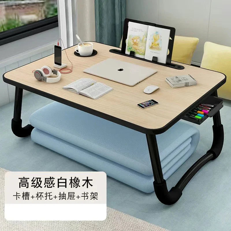 Foldable Laptop Desk for Bed & Sofa – Portable Lap Table with Cup, Book Holder, Drawer, and USB Slot