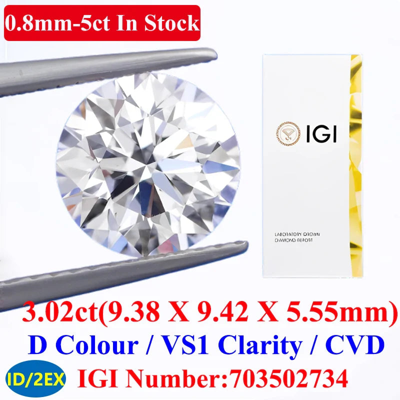 0.1–5CT Super White Lab-Grown Diamond Loose — IGI/GIA Certified, HPHT & CVD, DEFG VVS-SI, Diamond Tester Approved for Wedding Jewelry
