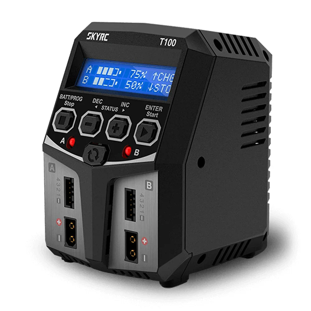 SKYRC T100 AC Dual 5A Lipo Battery Charger — 2x50W Balance Charger for 2-4S NiMH, NiCd, LiPo, LiFe, LiIon, LiHV RC Cars