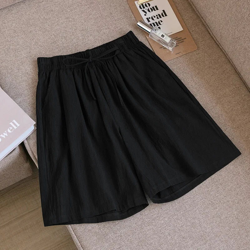 Women's Cotton High Waist Shorts - Soft Casual Summer Loose Fit Shorts with Pockets