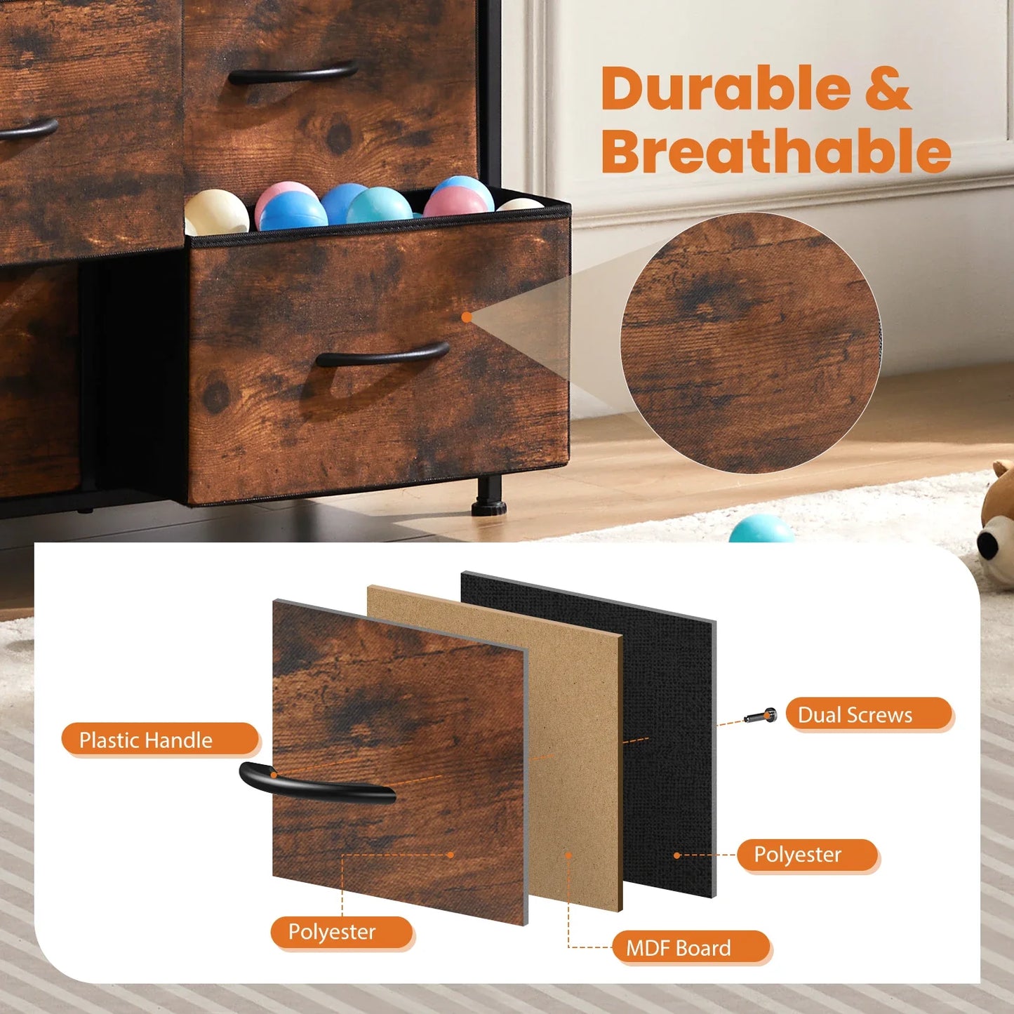Bedside Table with 10 Fabric Drawers – Steel Frame Storage Cabinet for Bedroom & Living Room